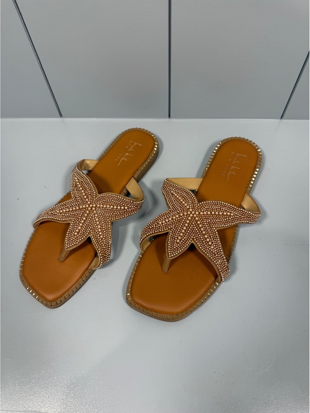 Nicole Miller New York Starfish Beaded Coastal Grandma Slide Sandals Size 10